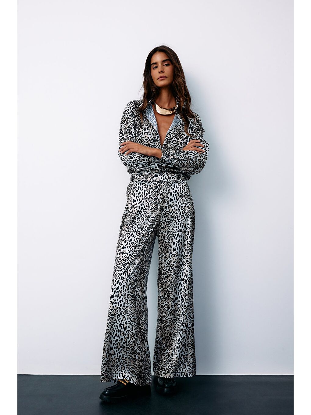 Yüksek Bel Saten Leopar Pantolon - Ekru