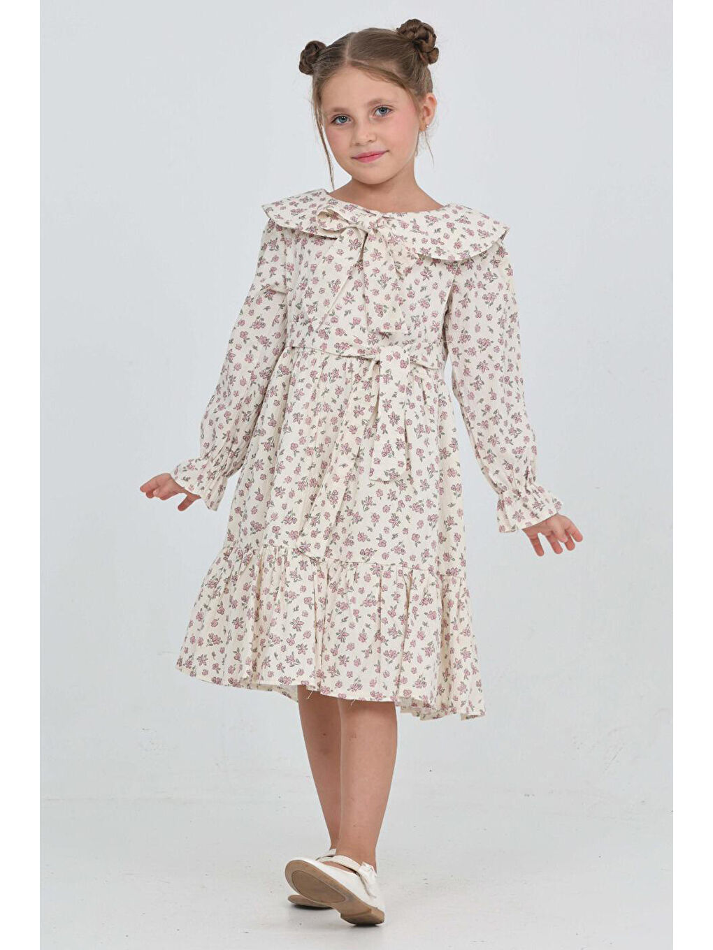 Pembe Kız Çocuk Fiyonk Yakalı Bel Kuşaklı Çiçek Desenli Kloş Etekli Elbise 12301
