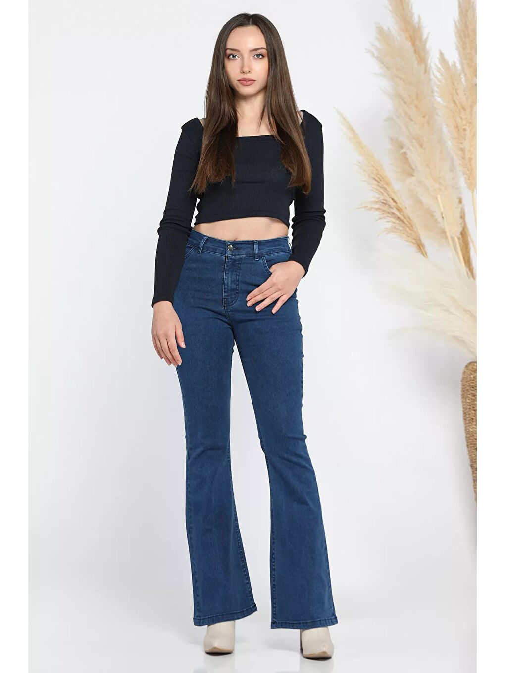 Lacivert Yüksek Bel İspanyol Paça Elastanlı Kadın Jean Jean Pantolon-1