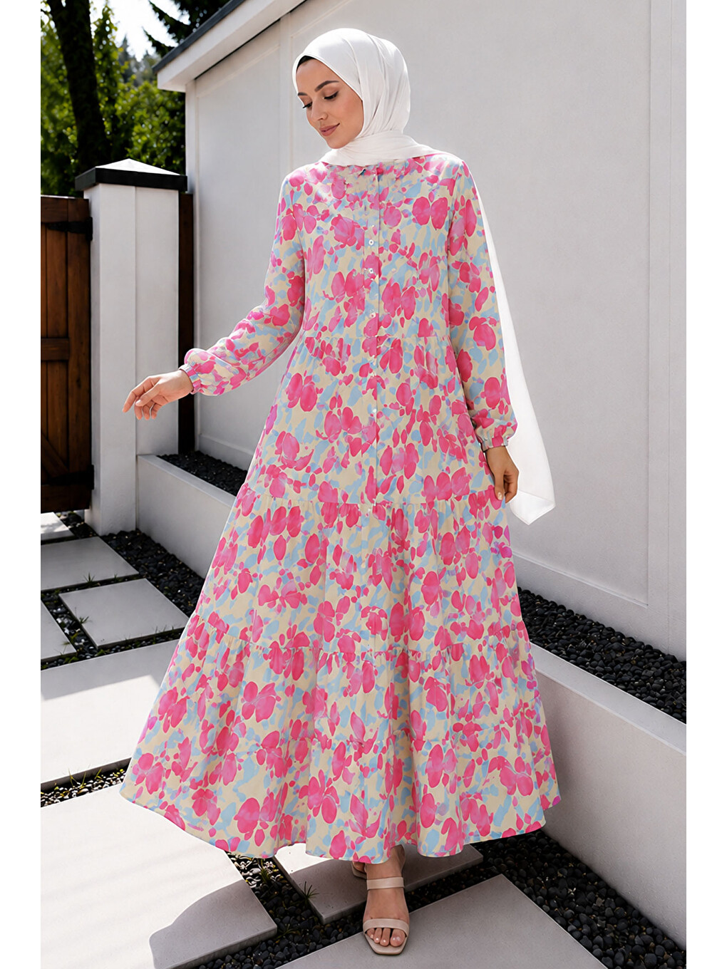 Pat Detaylı Yaprak Desenli Elbise Tsd260261 Pembe-2