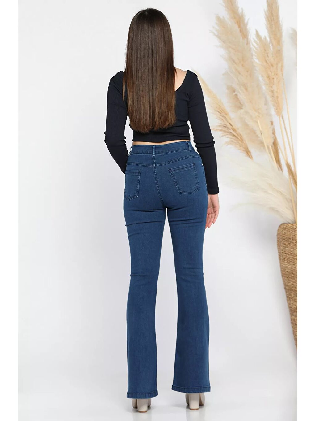 Lacivert Yüksek Bel İspanyol Paça Elastanlı Kadın Jean Jean Pantolon-2