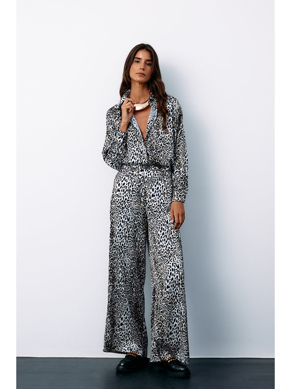 Yüksek Bel Saten Leopar Pantolon - Ekru-4