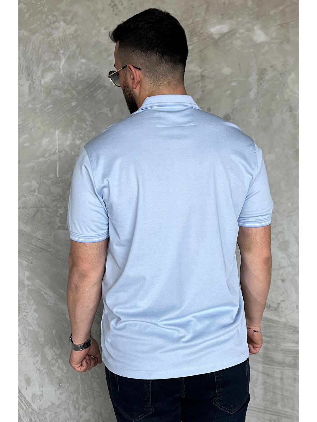 Mavi Yarım Düğmeli Polo Yaka Cepli Erkek Tişört-2