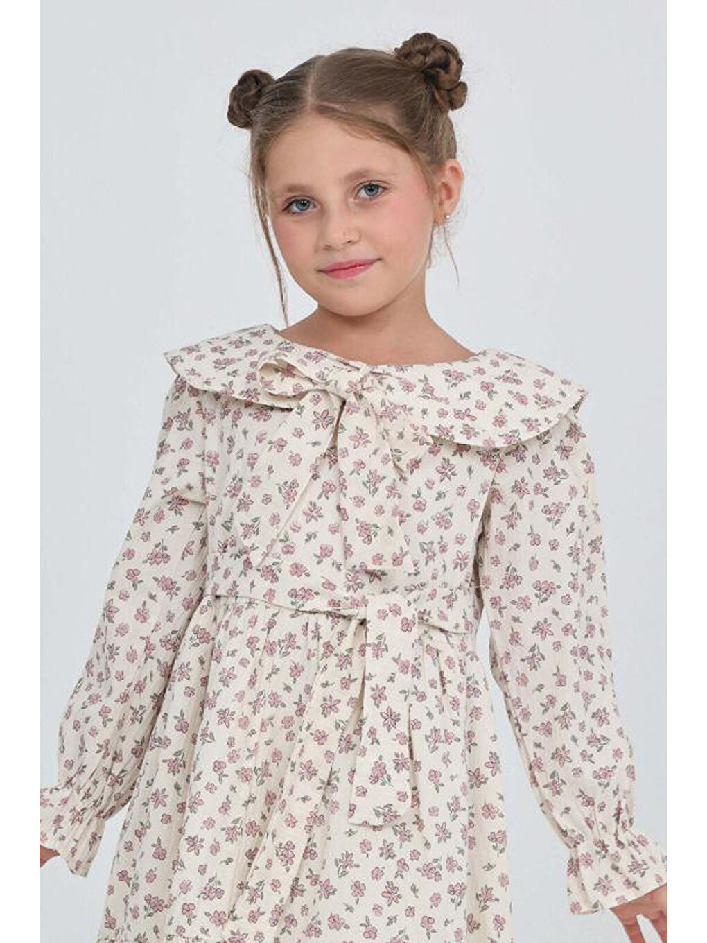 Pembe Kız Çocuk Fiyonk Yakalı Bel Kuşaklı Çiçek Desenli Kloş Etekli Elbise 12301-1