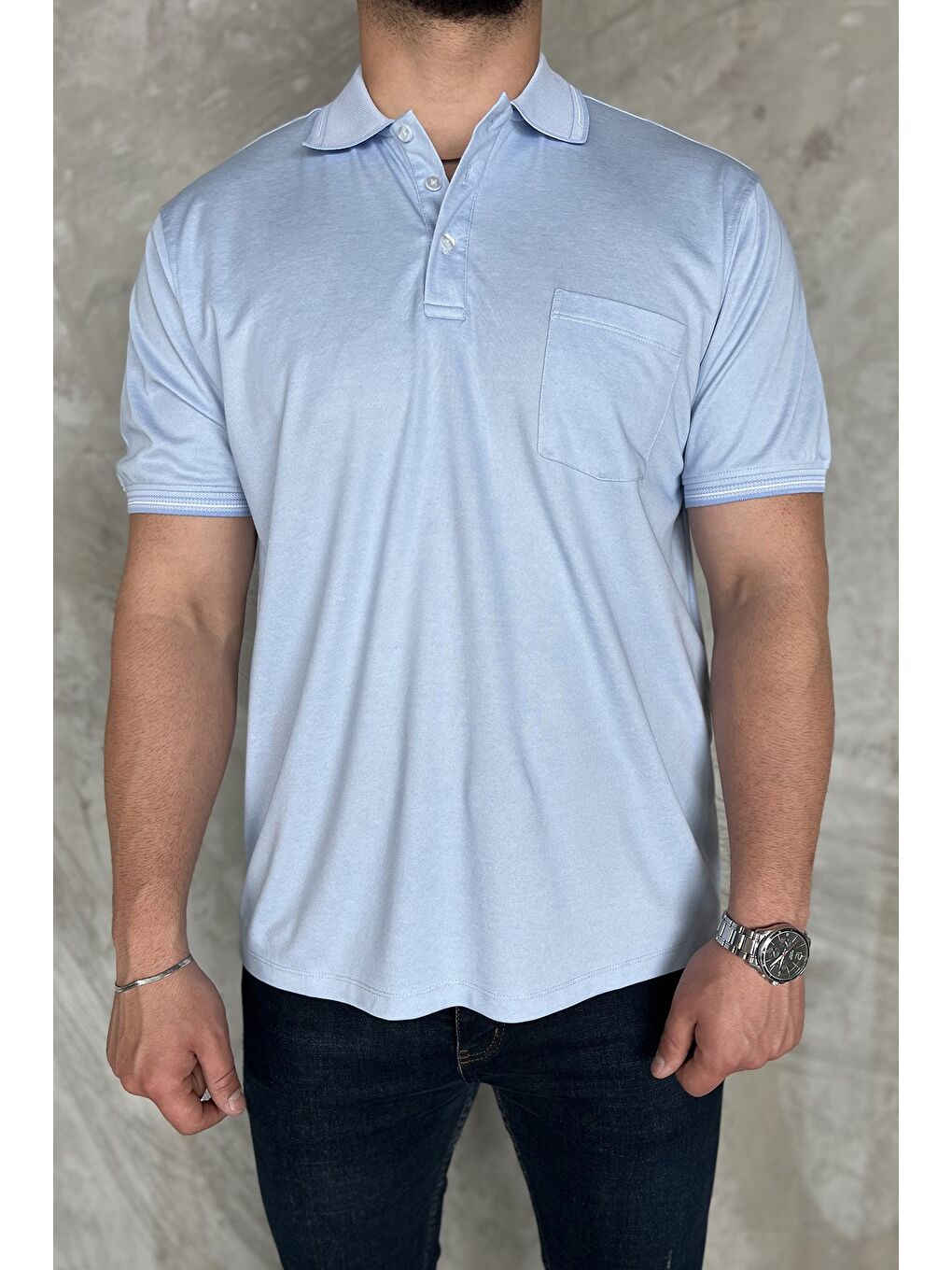 Mavi Yarım Düğmeli Polo Yaka Cepli Erkek Tişört-3