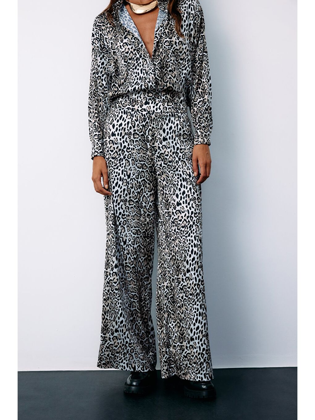 Yüksek Bel Saten Leopar Pantolon - Ekru-6