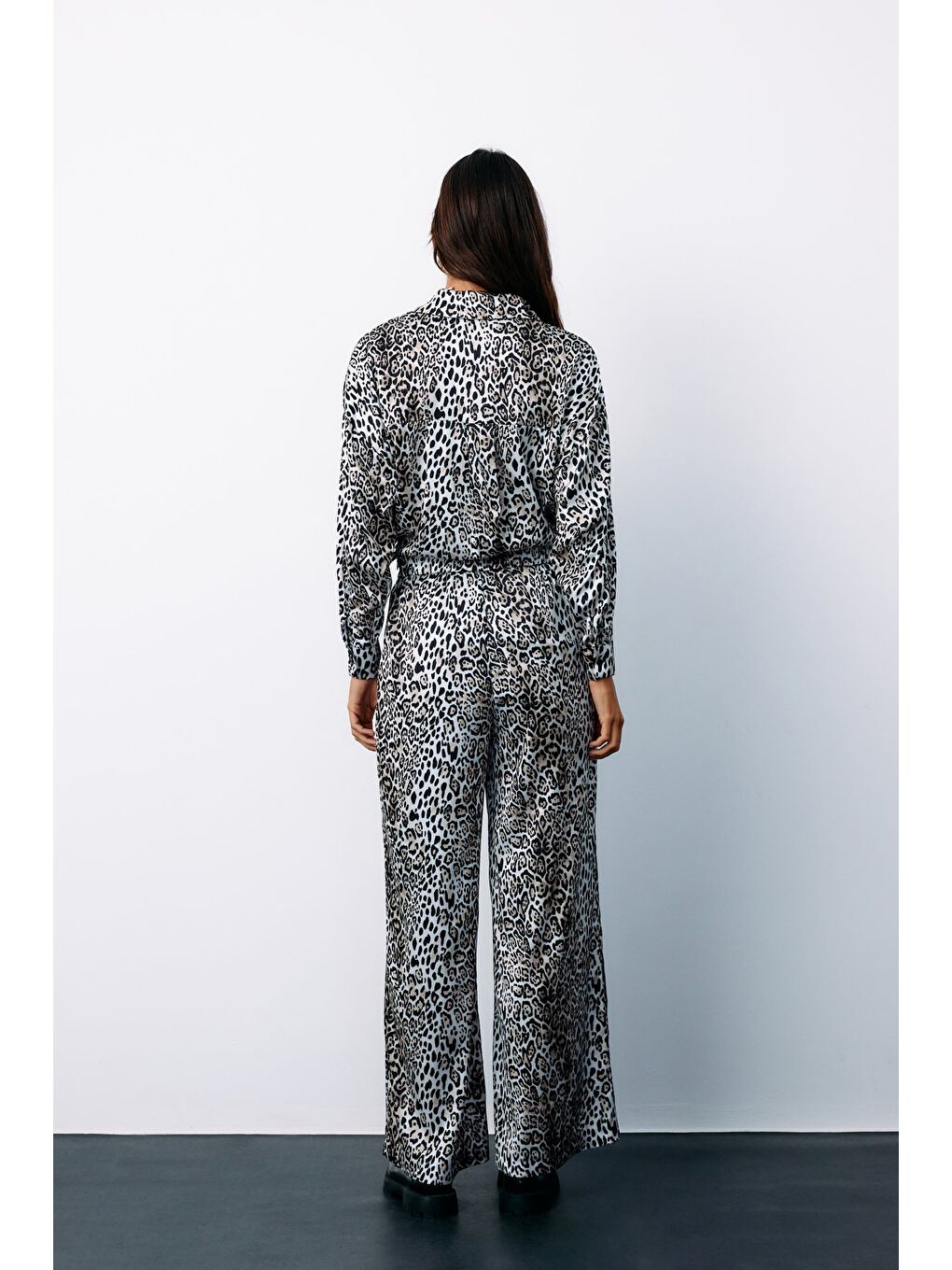 Yüksek Bel Saten Leopar Pantolon - Ekru-7