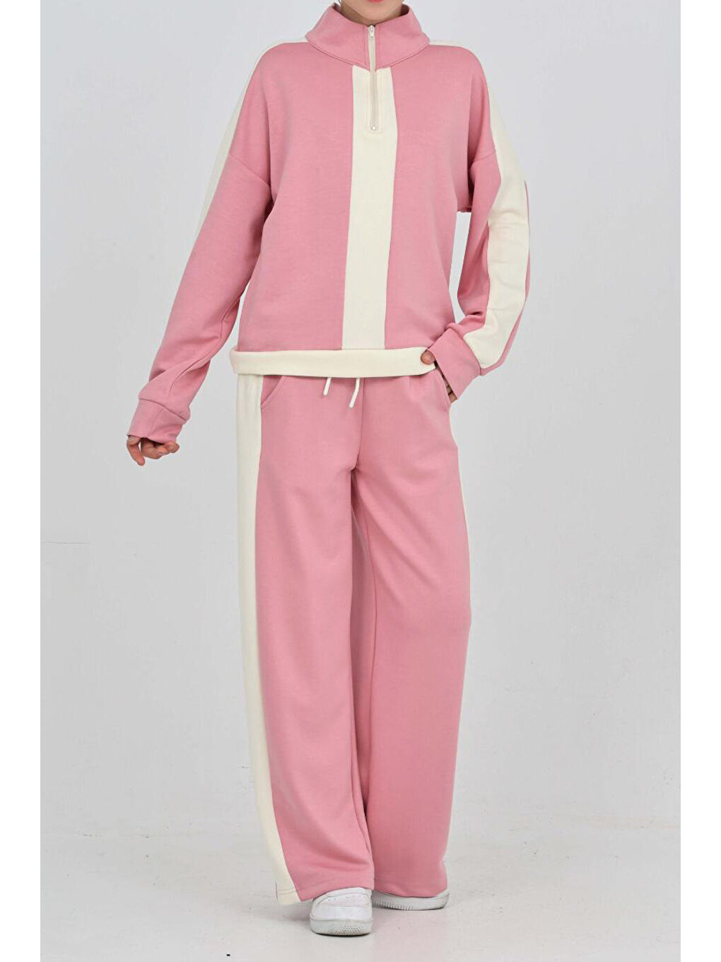 Pembe Kız Çocuk Double Face Kumaş Yarım Fermuarlı Ve Şerit Garni Detaylı Alt-Üst Takım 12300