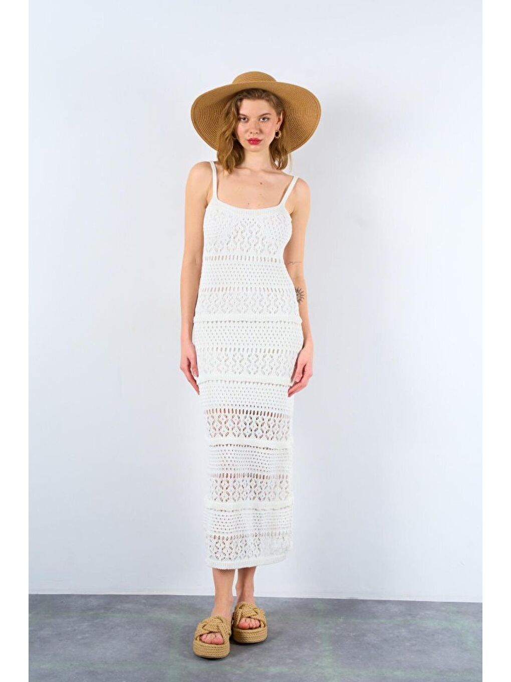 Ajurlu Astarlı Elbise - Ekru-1