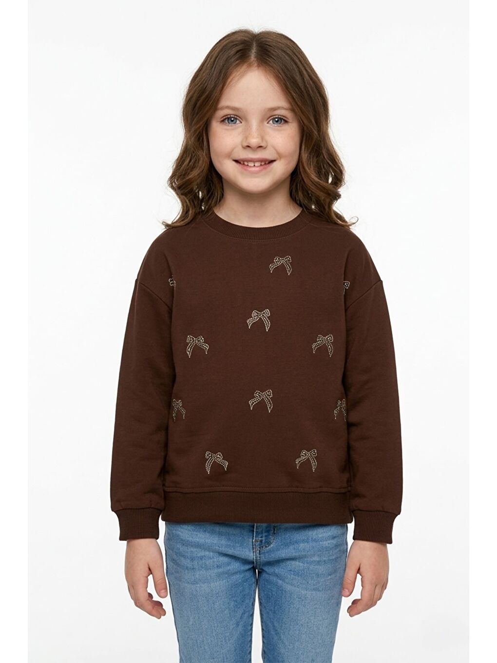 Kahverengi Fiyonk Nakışlı Taşlı Kız Çocuk Sweatshirt-1