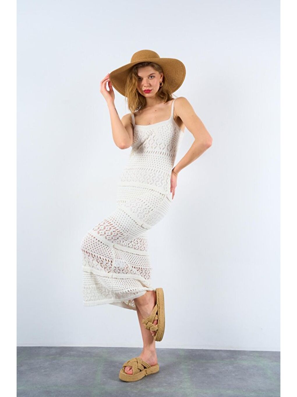 Ajurlu Astarlı Elbise - Ekru-2