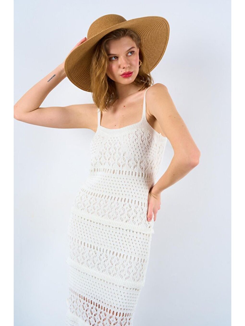 Ajurlu Astarlı Elbise - Ekru-3