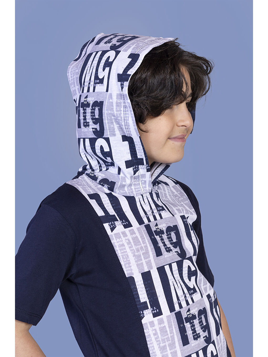 Lacivert Erkek Çocuk Kapüşonlu Yazı Baskılı Tişört-1