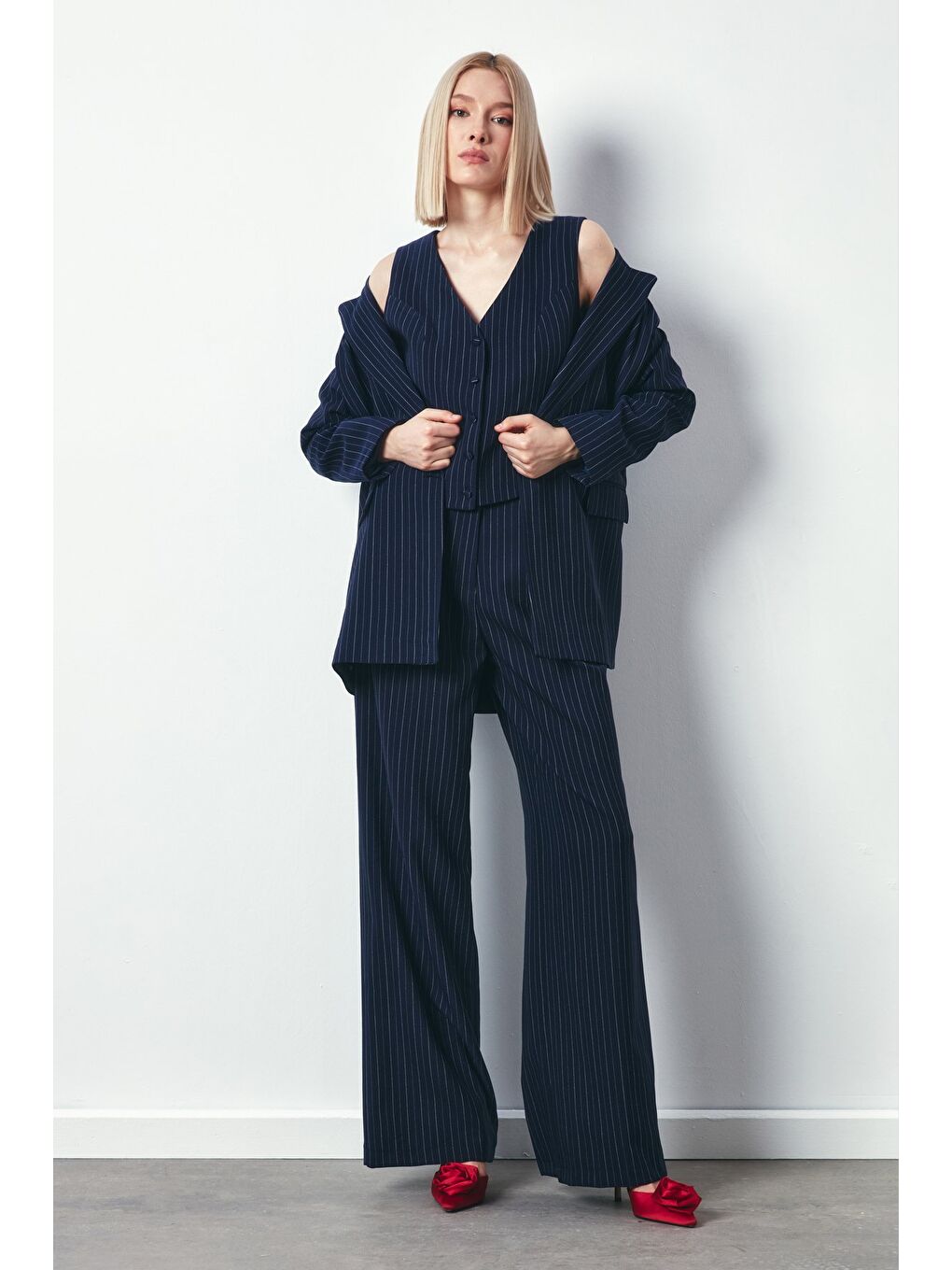 Bol Paça Çizgili Pantolon - Lacivert-2