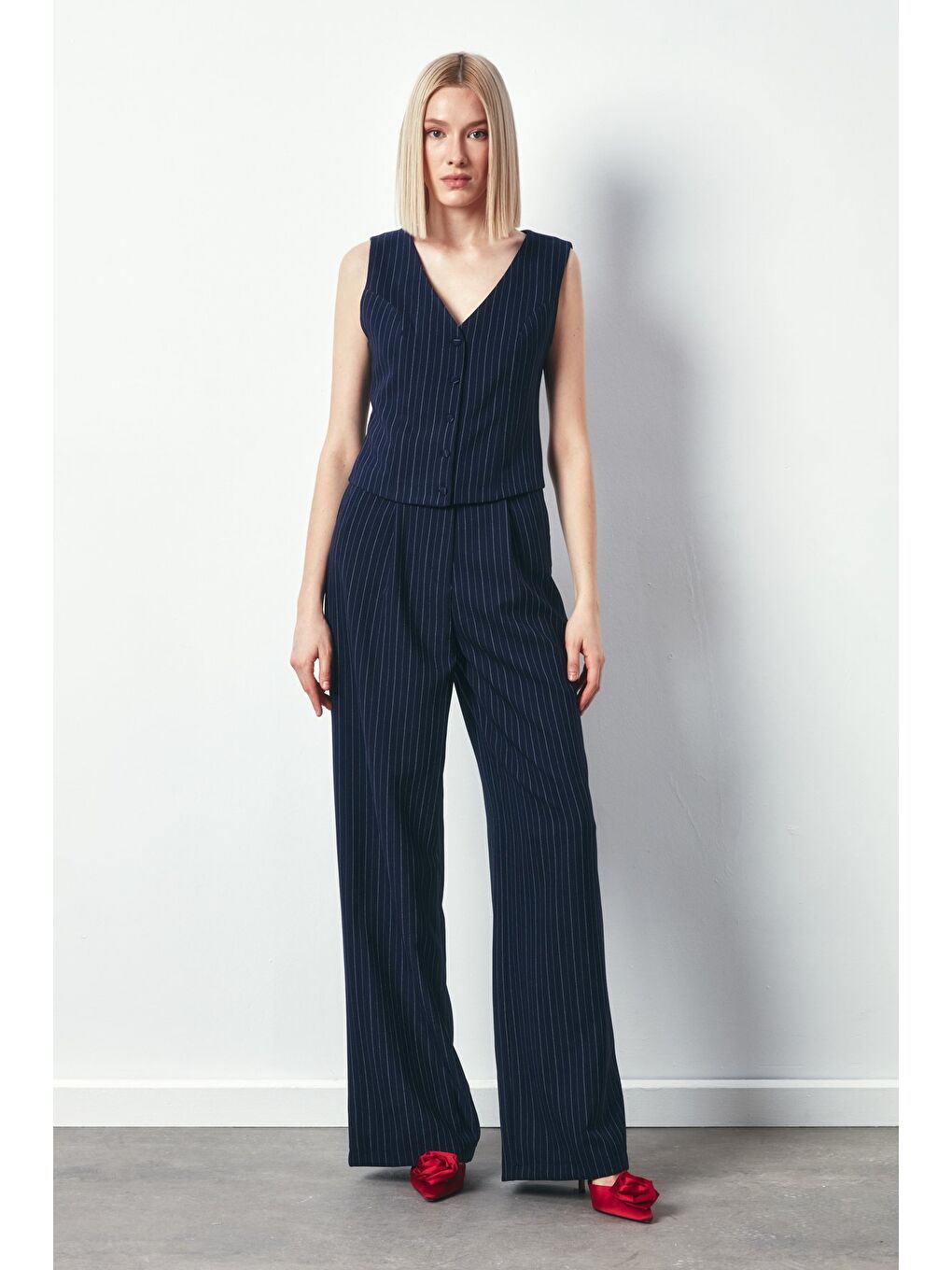 Bol Paça Çizgili Pantolon - Lacivert-4