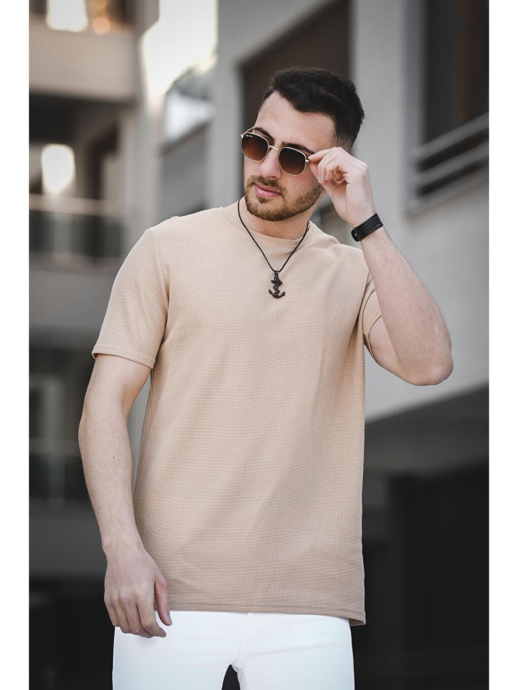 Kahverengi Ronath Slim Fit Waffle Desen Bisiklet Yaka Basic Erkek Tişört