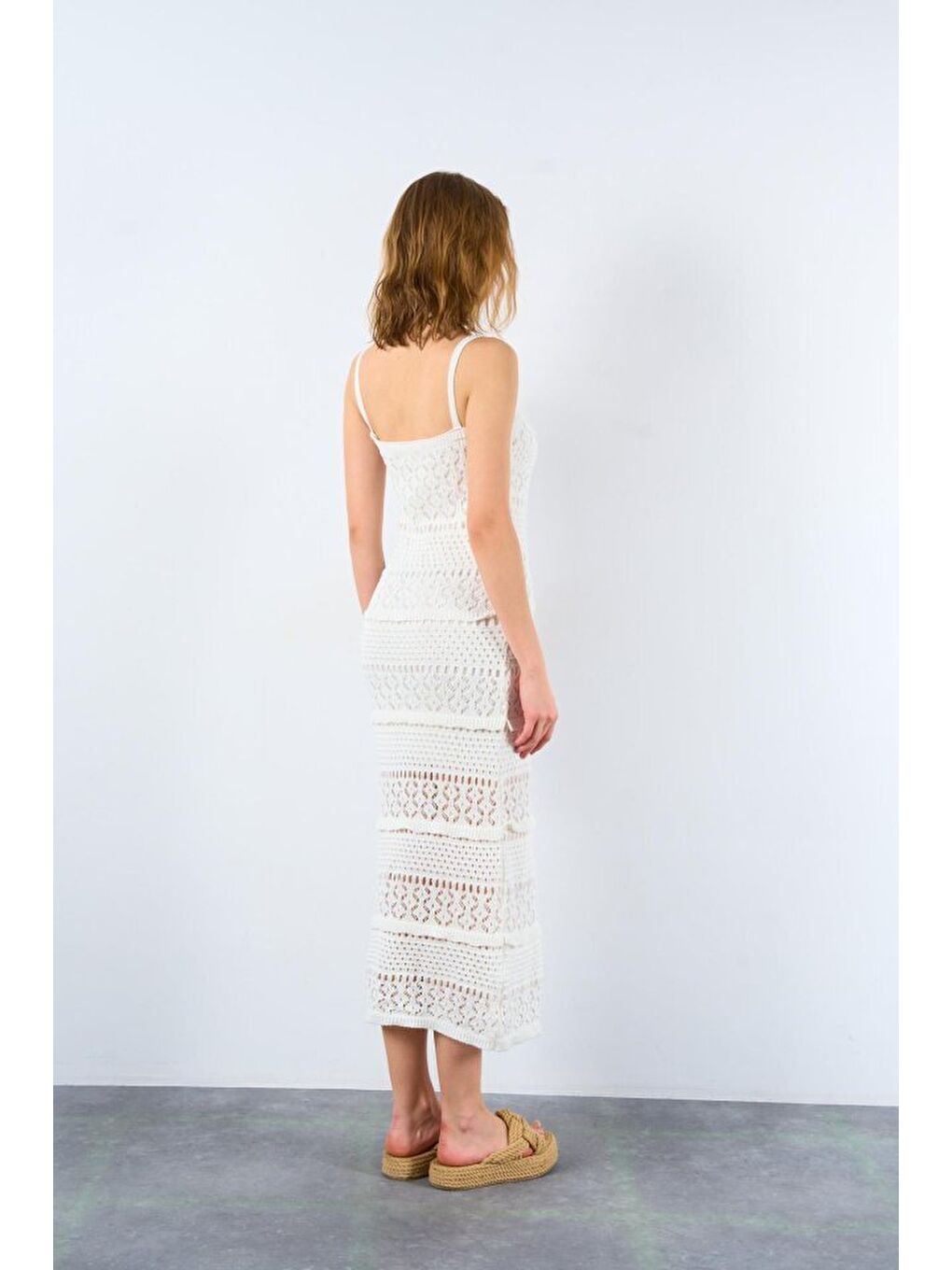 Ajurlu Astarlı Elbise - Ekru-4