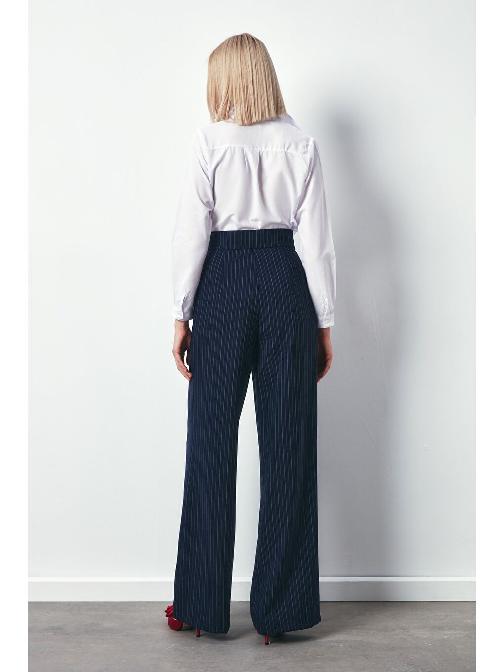 Bol Paça Çizgili Pantolon - Lacivert-7