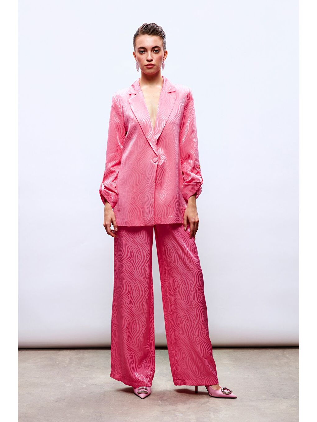 Saten Desenli Pantolon - Pembe-1