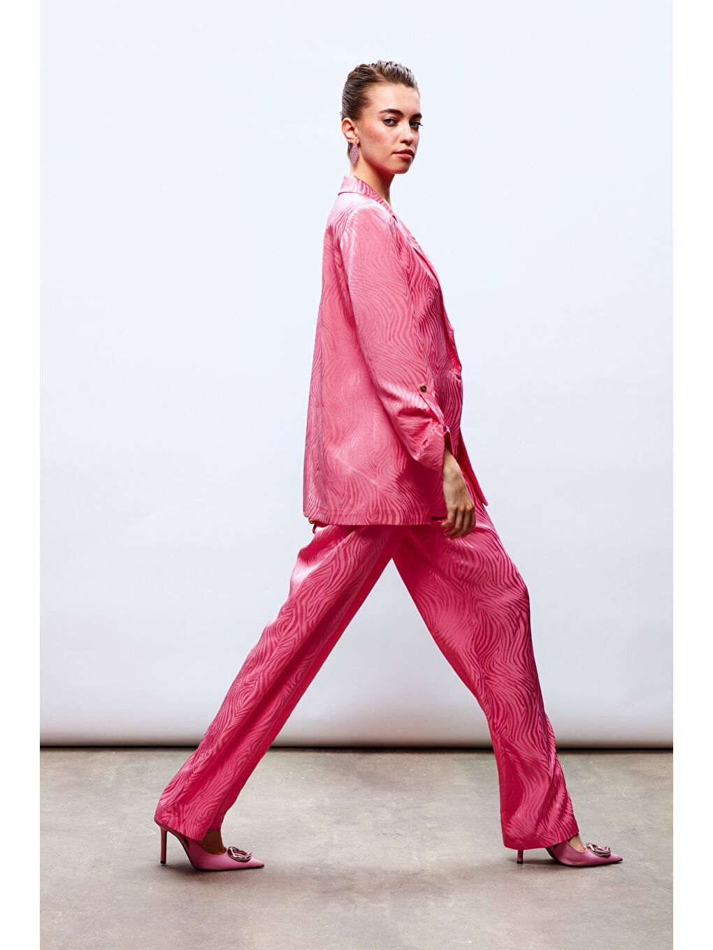 Saten Desenli Pantolon - Pembe-2