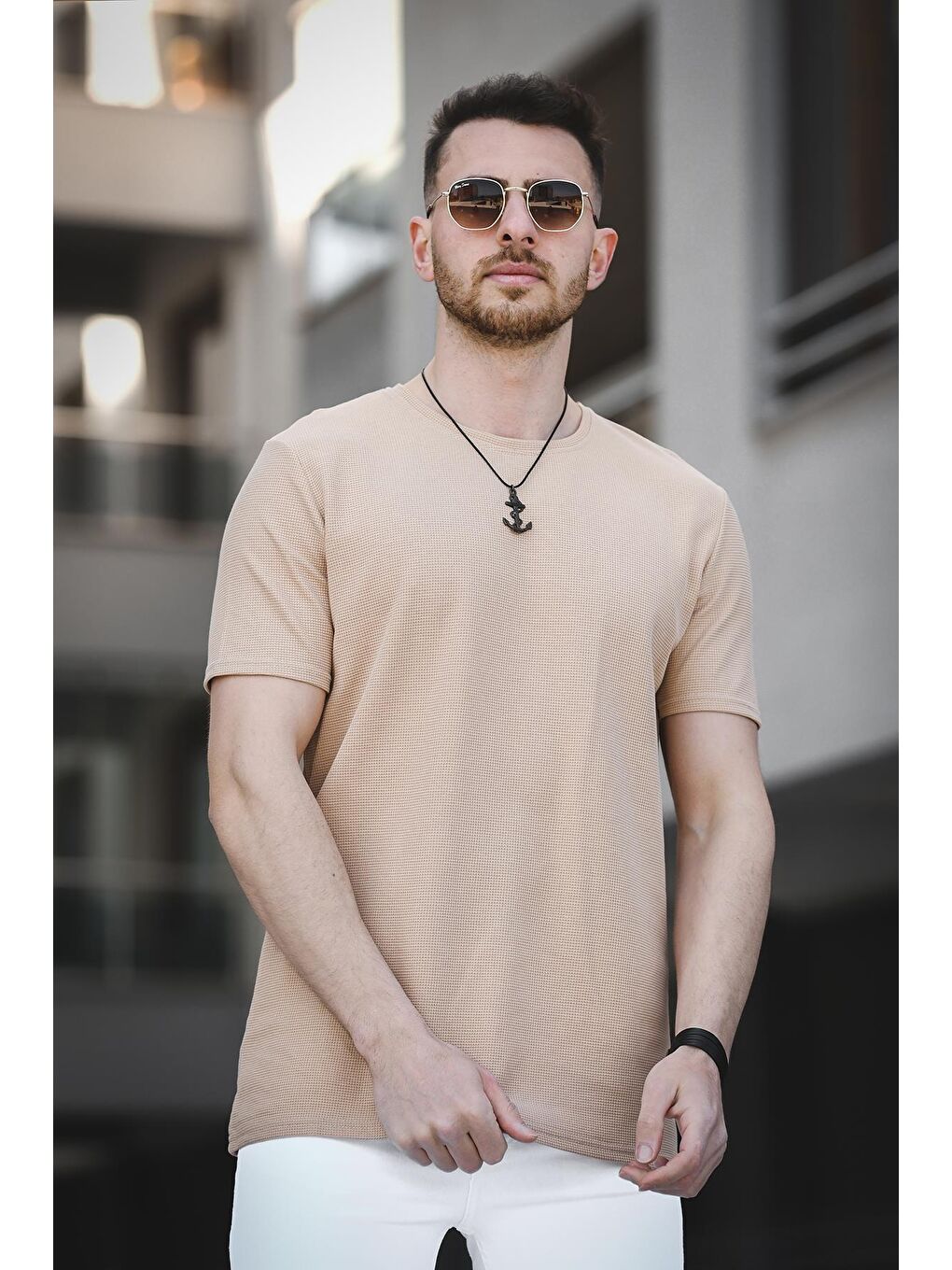 Kahverengi Ronath Slim Fit Waffle Desen Bisiklet Yaka Basic Erkek Tişört-1