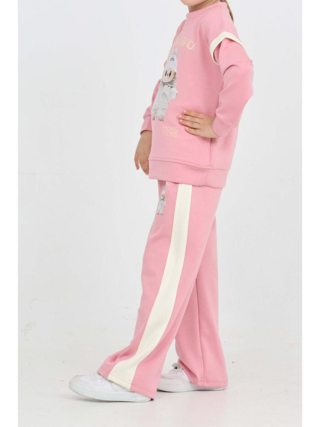 Pembe Kız Çocuk Double Face Kumaş Karakter Baskılı Geniş Paçalı Alt-Üst Takım 12299-1