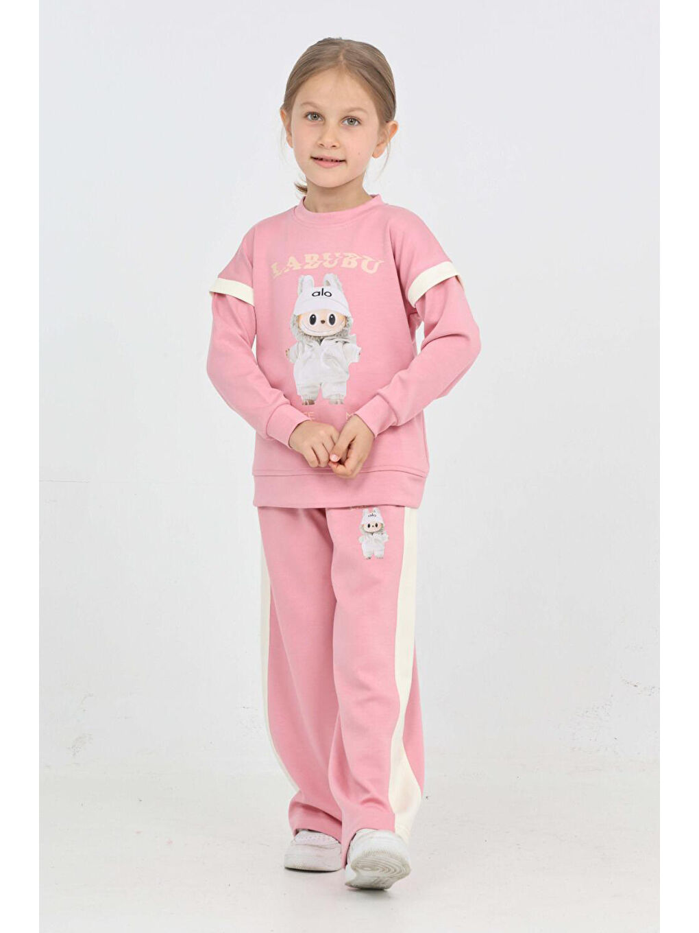 Pembe Kız Çocuk Double Face Kumaş Karakter Baskılı Geniş Paçalı Alt-Üst Takım 12299-2