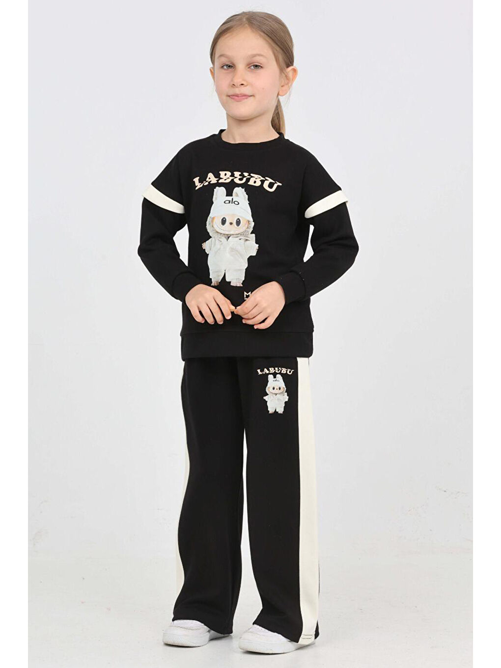 Siyah Kız Çocuk Oysho Kumaş Karakter Baskılı Geniş Paçalı Alt-Üst Takım 12299-4