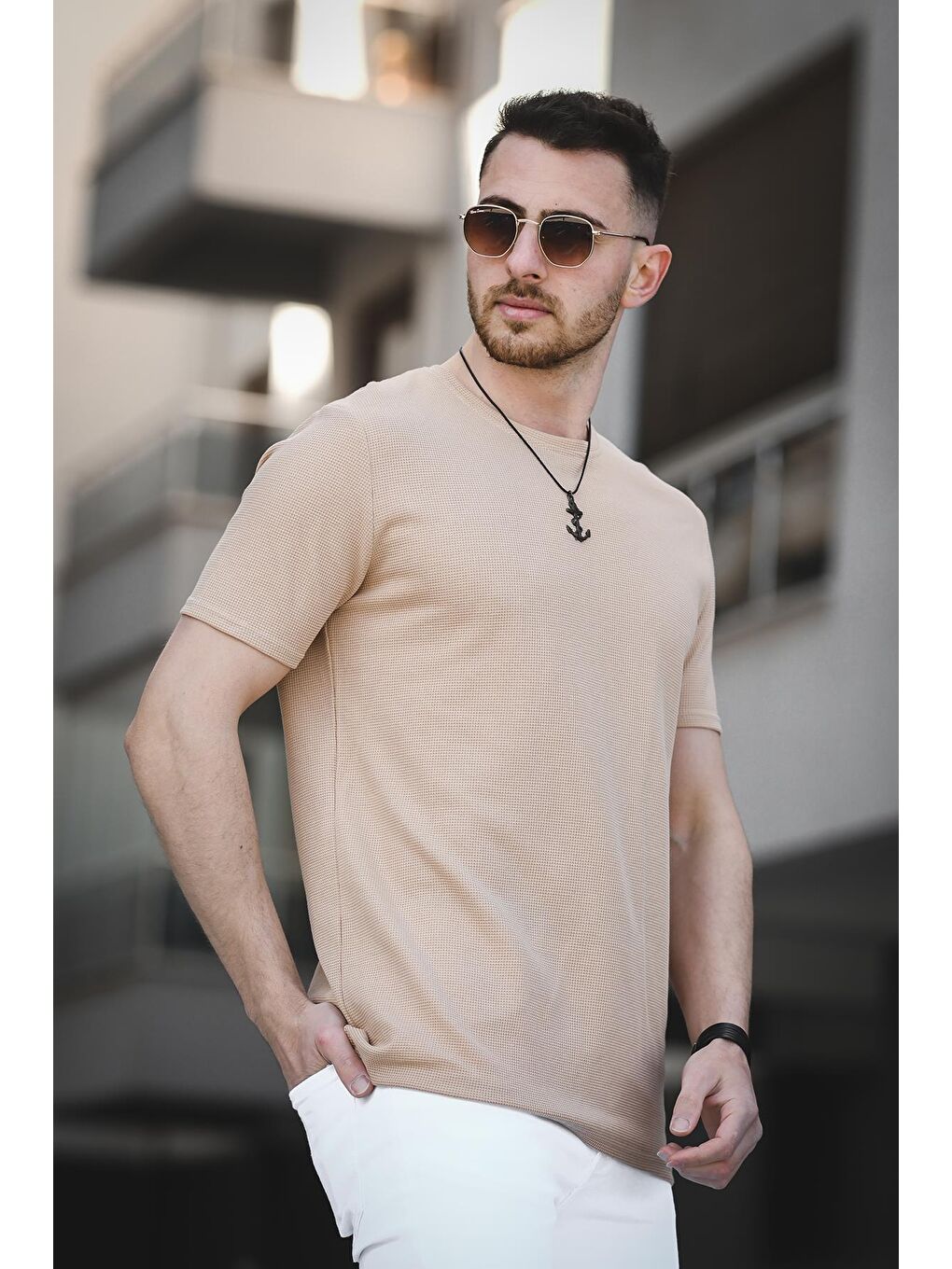 Kahverengi Ronath Slim Fit Waffle Desen Bisiklet Yaka Basic Erkek Tişört-2