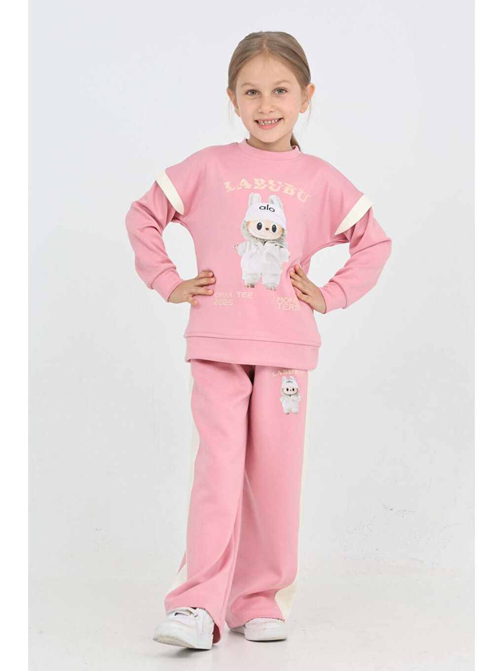 Pembe Kız Çocuk Double Face Kumaş Karakter Baskılı Geniş Paçalı Alt-Üst Takım 12299-3