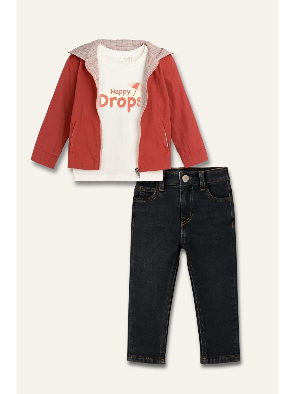 Kahverengi Erkek Çocuk Fermuarlı Yağmurluk Detaylı Üçlü Takım - Kiremit