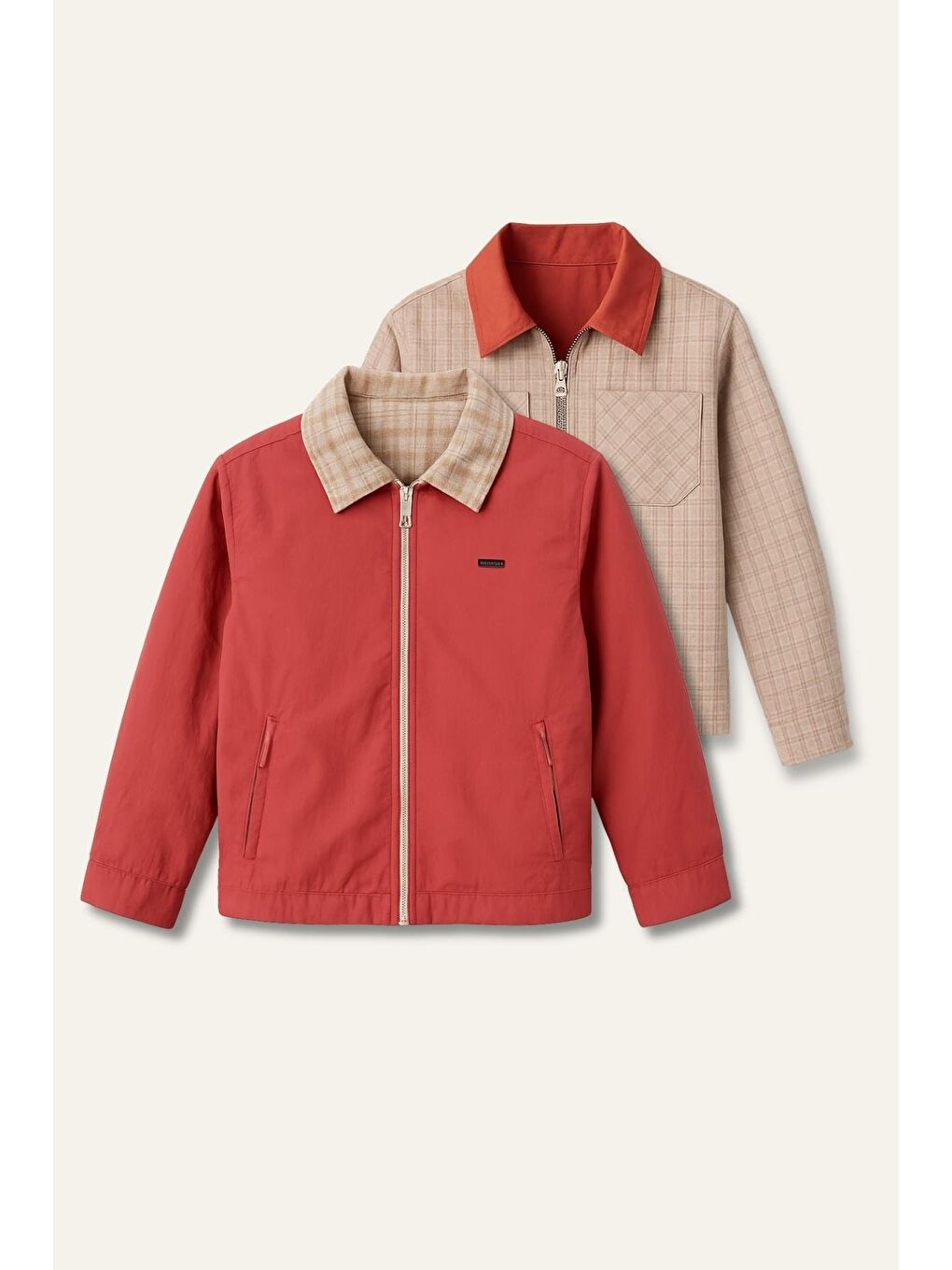 Kahverengi Erkek Çocuk Fermuarlı Yağmurluk Detaylı Üçlü Takım - Kiremit-1