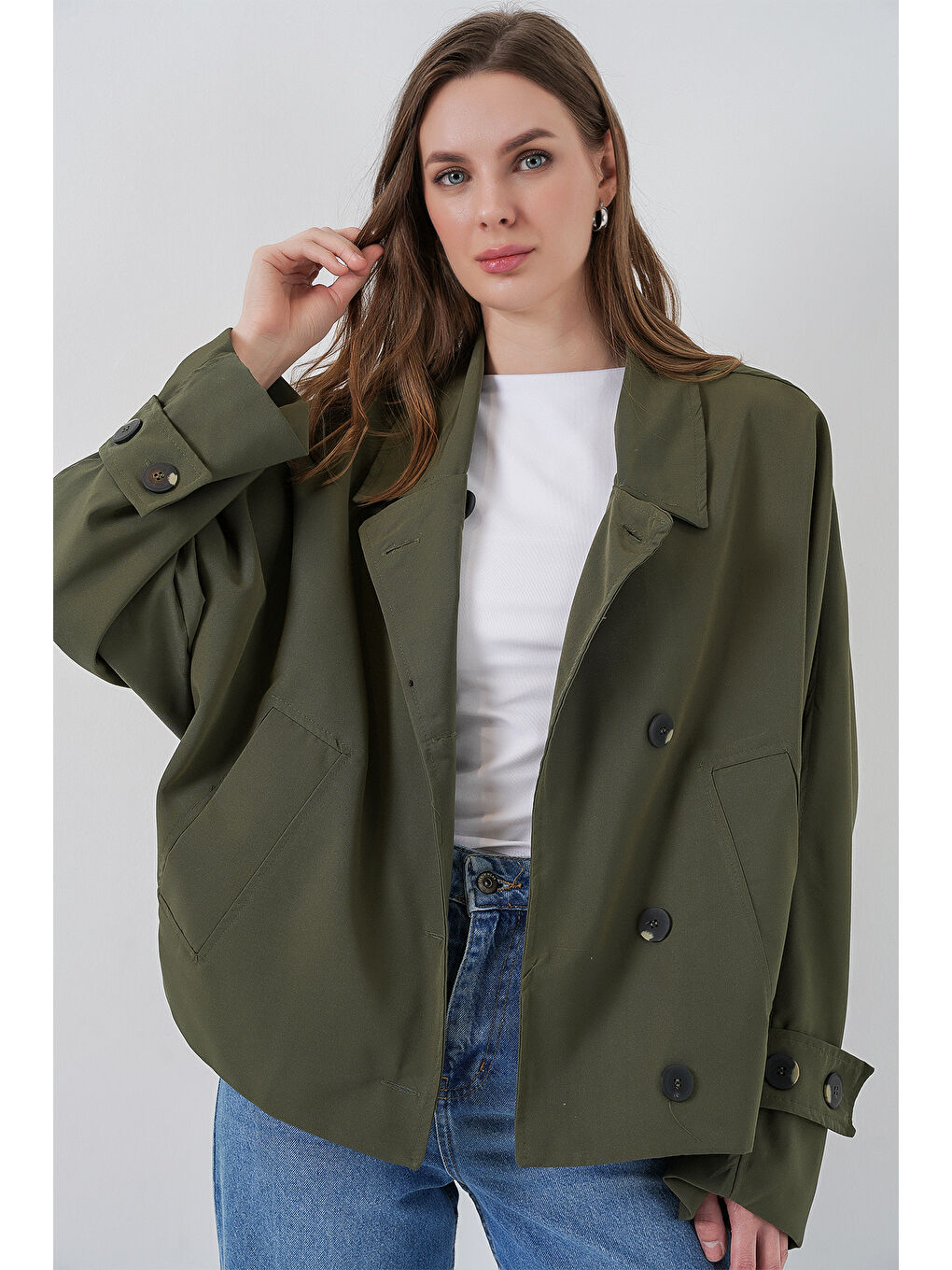 Kadın Oversize Kısa Trençkot 5977 - Haki