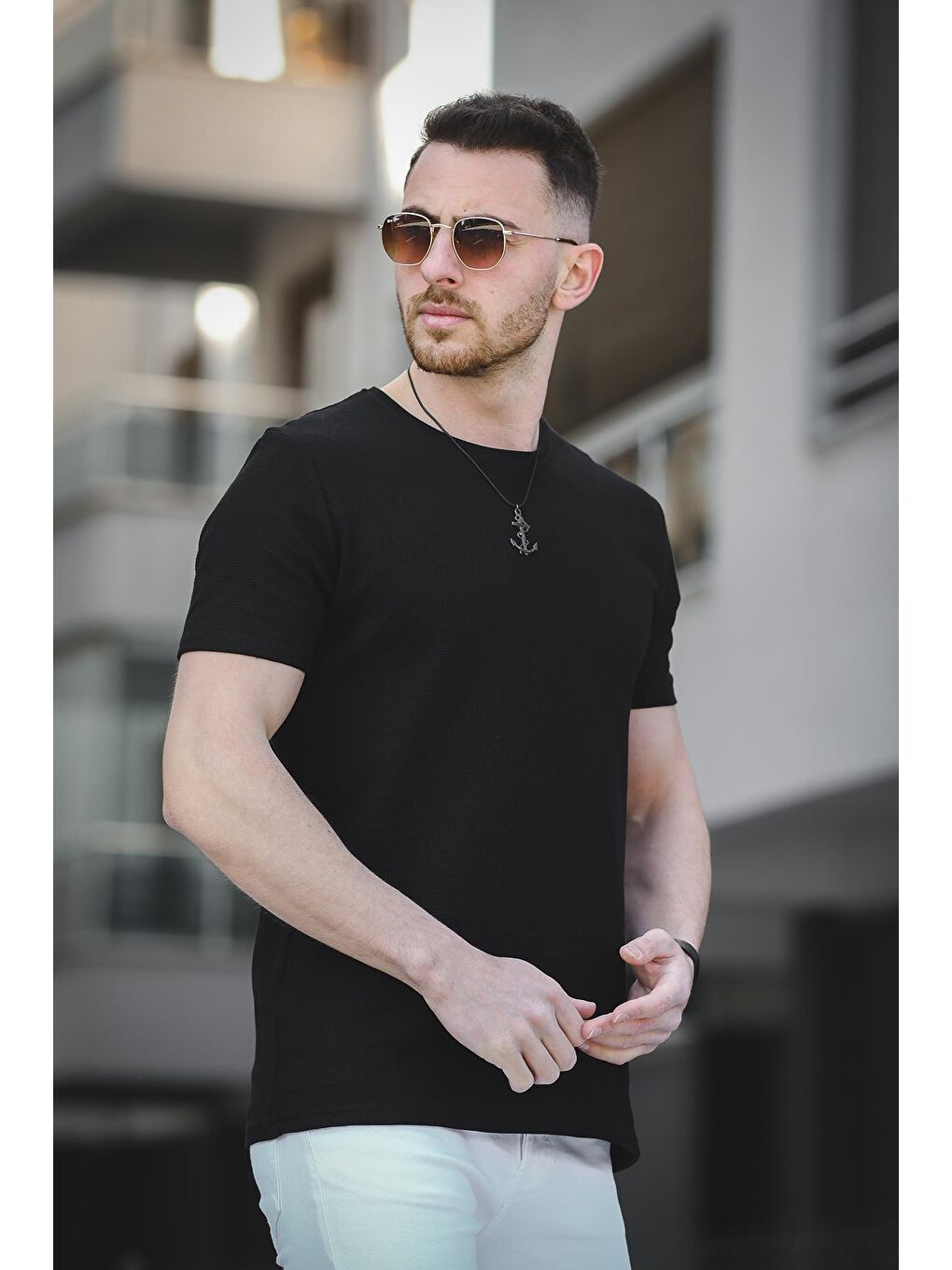 Siyah Ronath Slim Fit Waffle Desen Bisiklet Yaka Basic Erkek Tişört