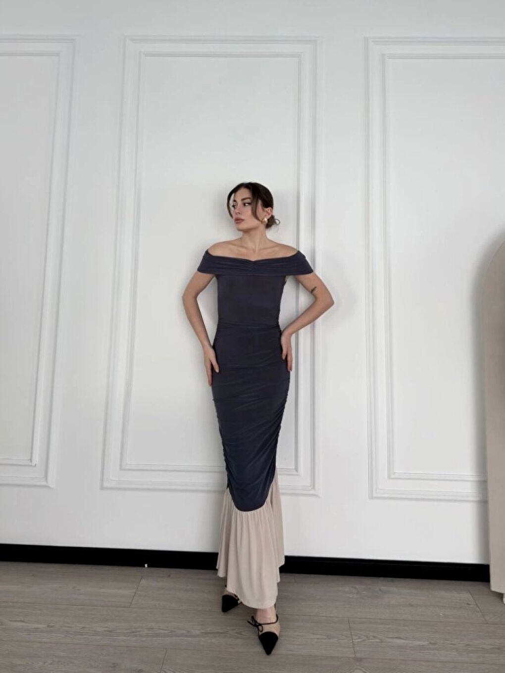 Gri Striptiz Omuzlu Uzun Elbise- Füme-1