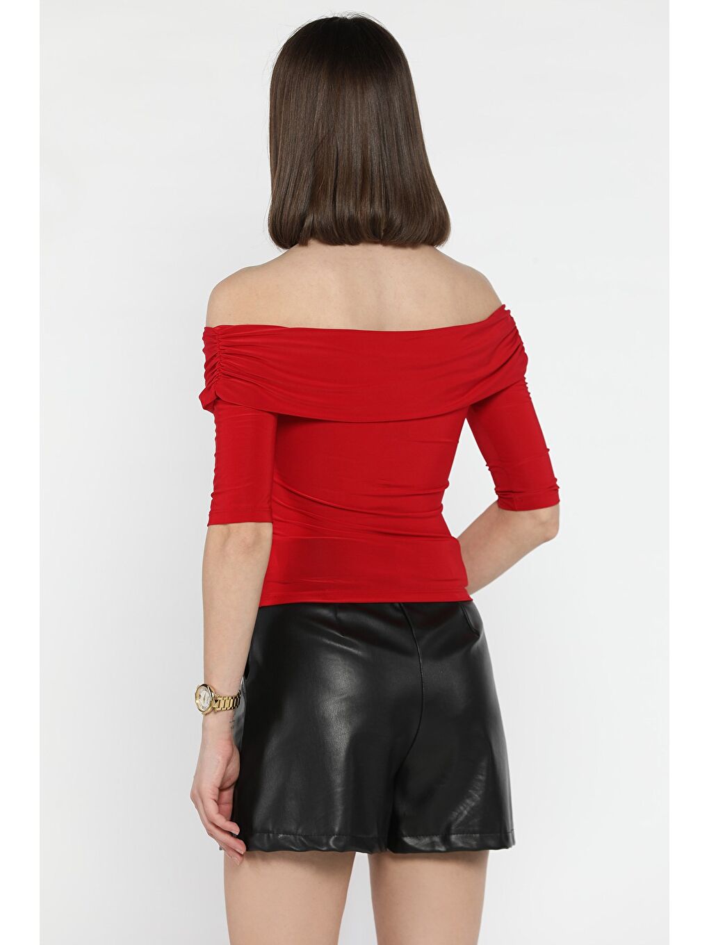 Kırmızı Madonna Yaka Drapeli Kadın Crop Bluz-2