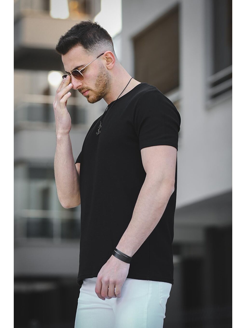 Siyah Ronath Slim Fit Waffle Desen Bisiklet Yaka Basic Erkek Tişört-1