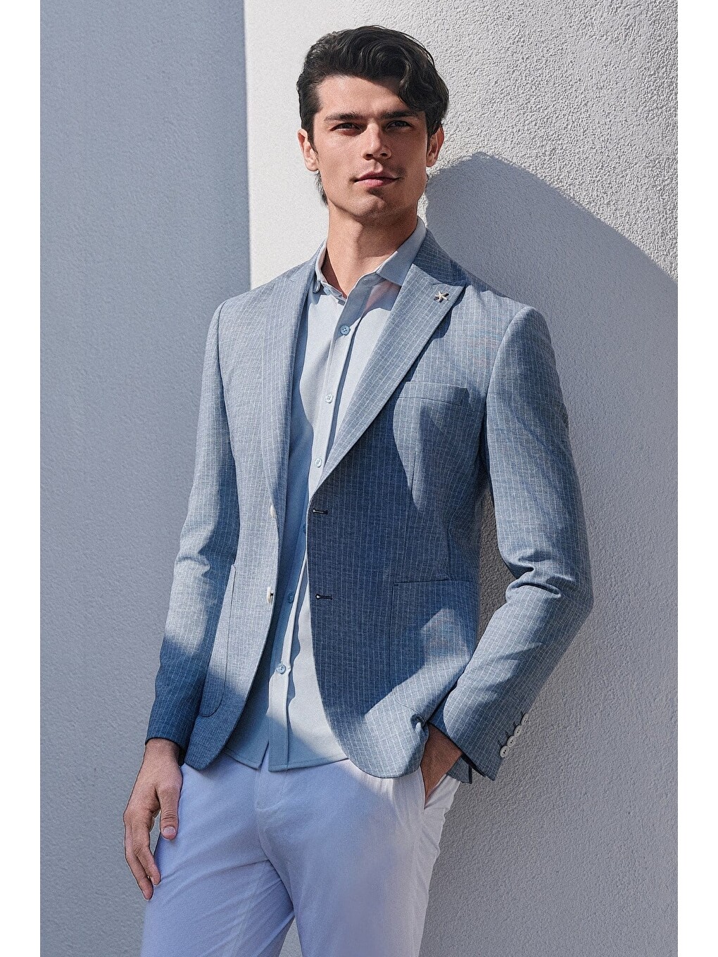 Mavi İtalyan Yaka Kısa Kol Cepsiz Slim Fit Esnek Gömlek 1004260159-1