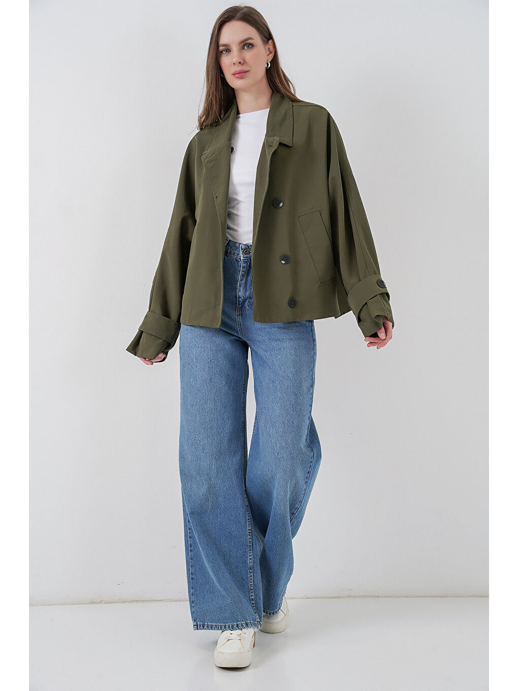 Kadın Oversize Kısa Trençkot 5977 - Haki-1