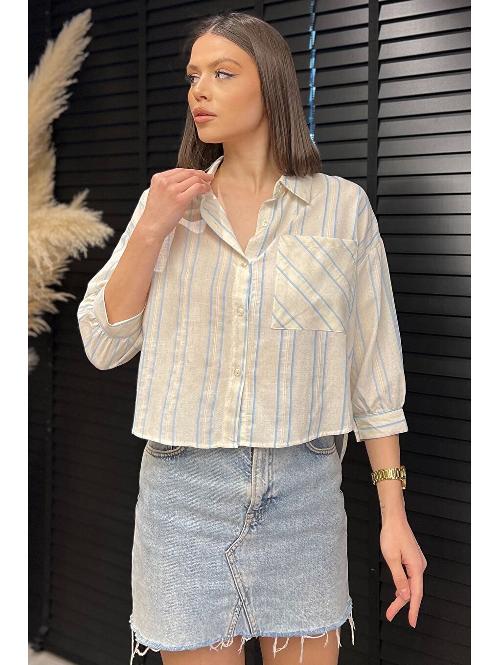 Ekru Çizgili Cepli Kadın Keten Gömlek-1