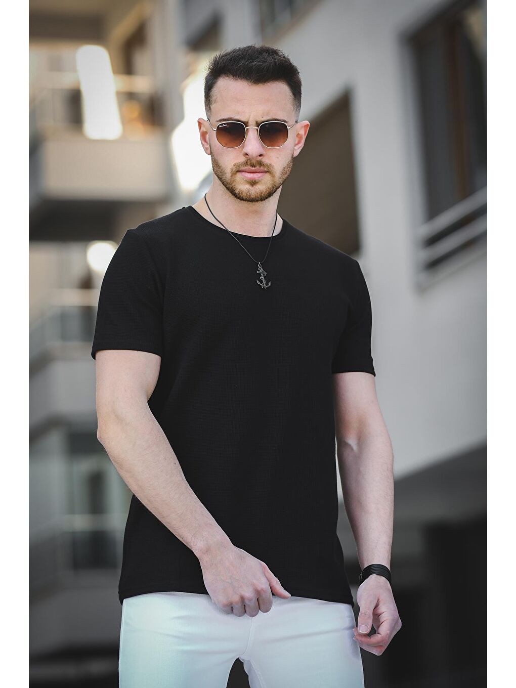 Siyah Ronath Slim Fit Waffle Desen Bisiklet Yaka Basic Erkek Tişört-2