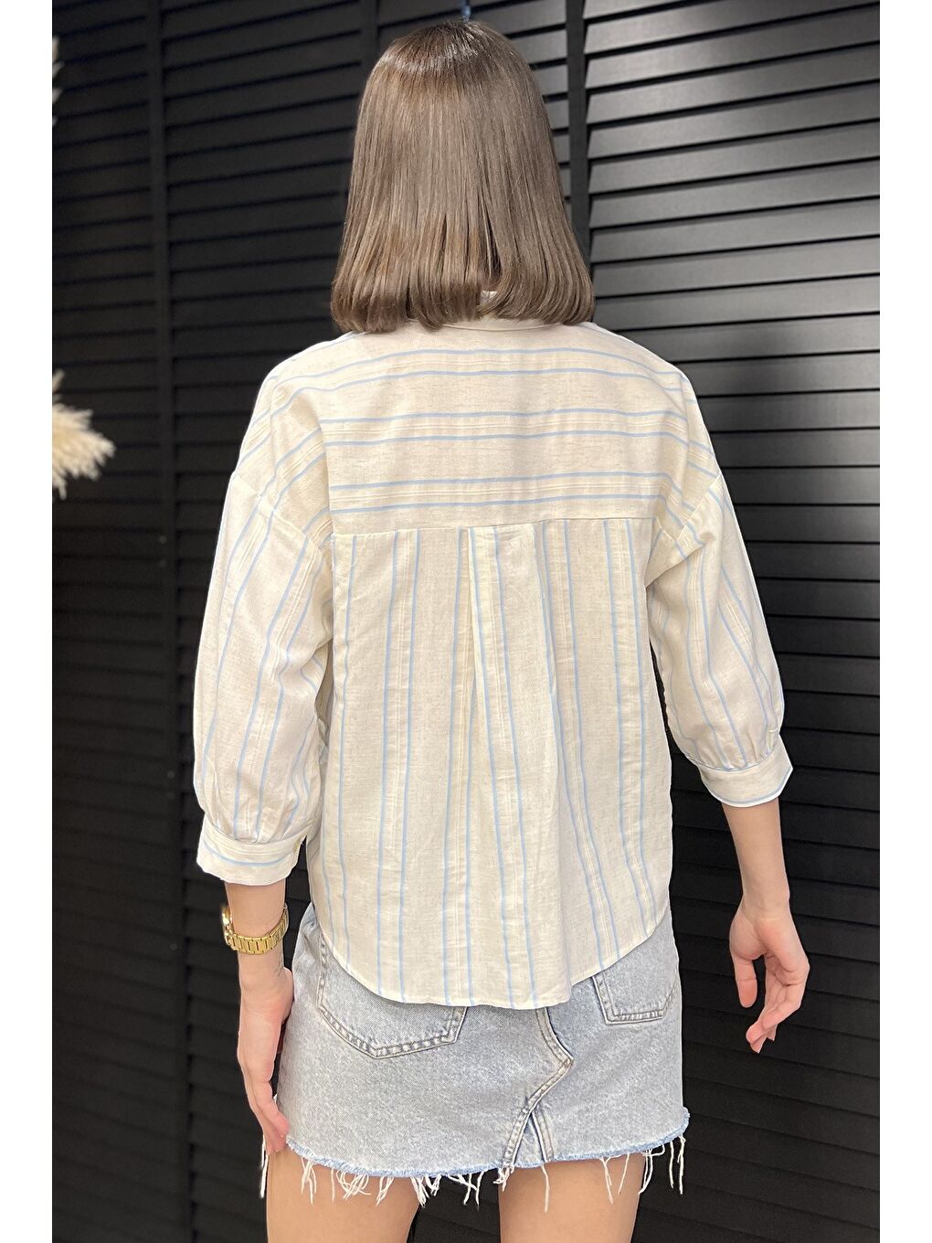 Ekru Çizgili Cepli Kadın Keten Gömlek-2