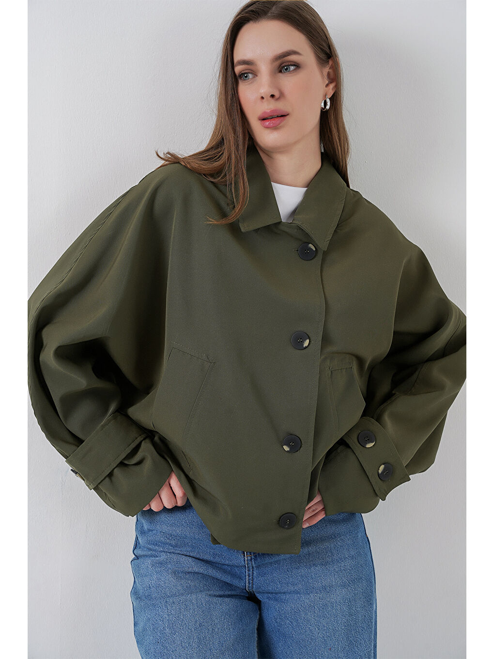 Kadın Oversize Kısa Trençkot 5977 - Haki-2