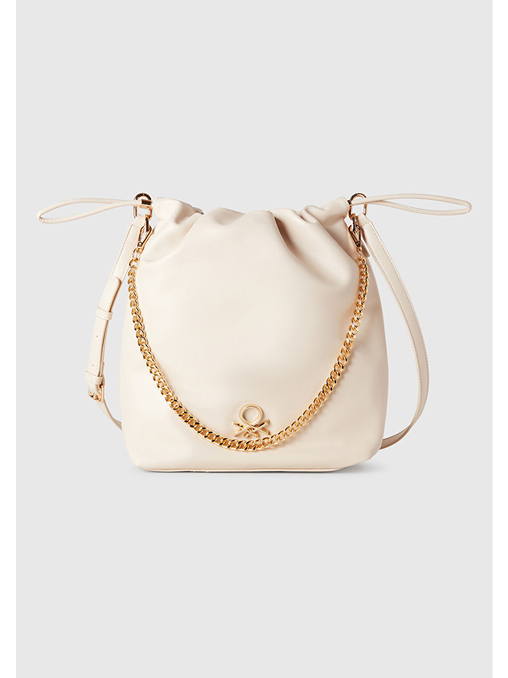 Ekru Kadın Krem Napa Efektli 3D Logolu Zincir Detaylı Büzme İpli Çanta
