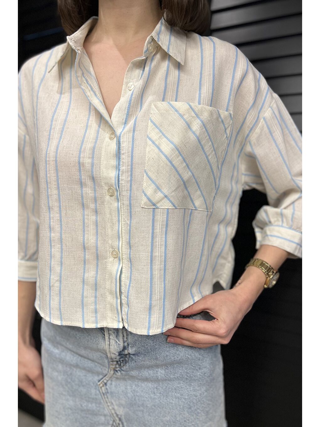 Ekru Çizgili Cepli Kadın Keten Gömlek-3