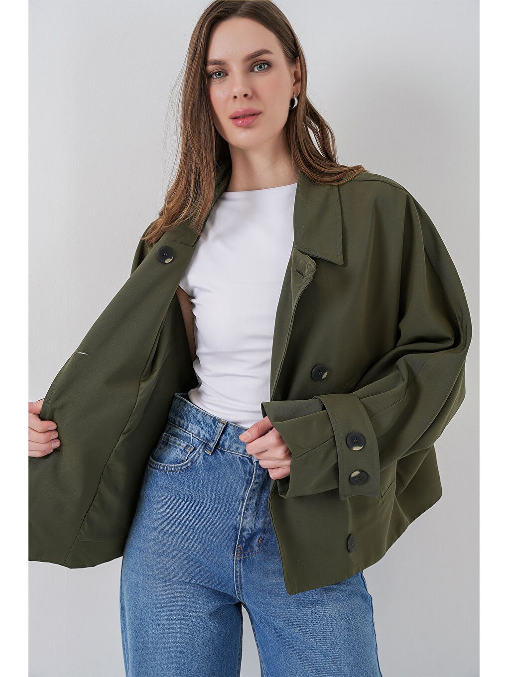 Kadın Oversize Kısa Trençkot 5977 - Haki-3