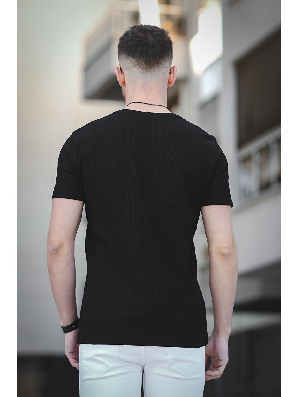Siyah Ronath Slim Fit Waffle Desen Bisiklet Yaka Basic Erkek Tişört-3