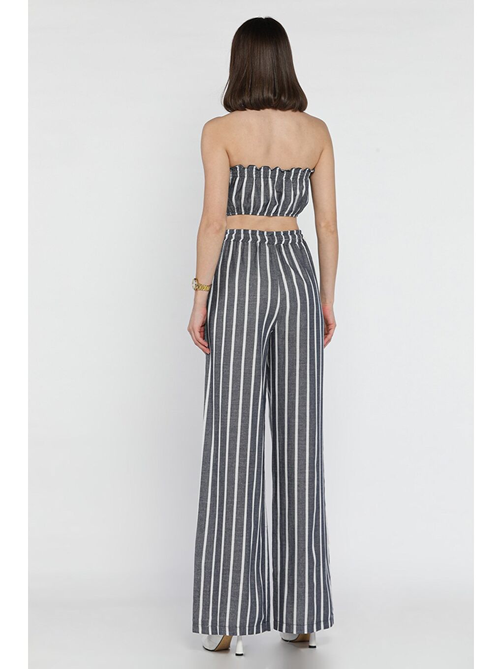 Lacivert Kadın Çizgi Desenli Straplez Crop Top Bluz Palazzo Pantolon İkili Takım-2