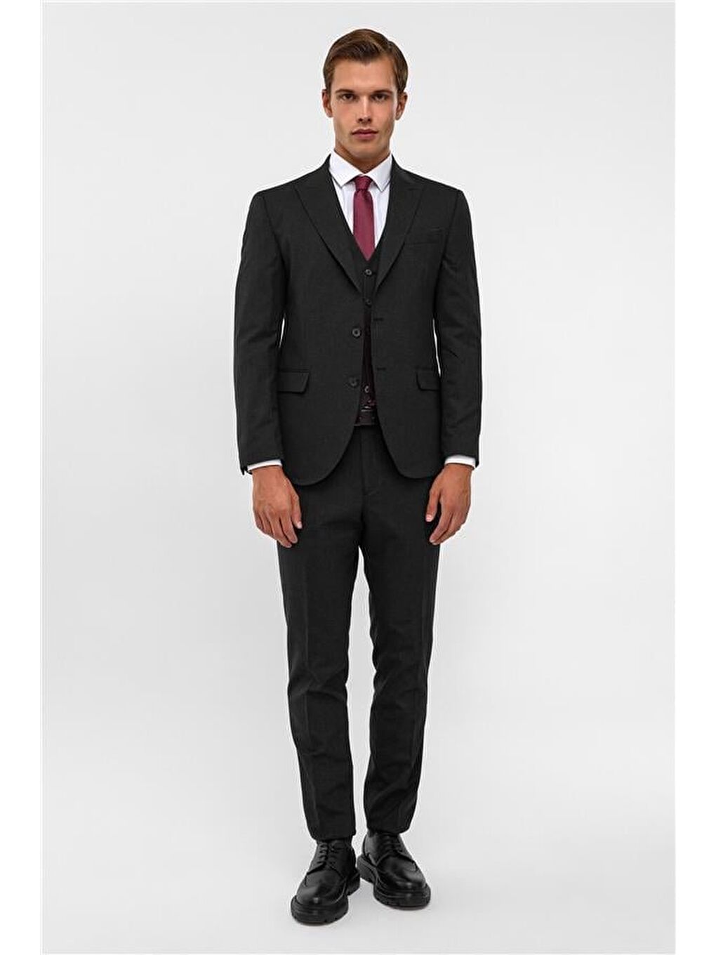 Siyah Slim Desenli Sivri Yaka 6 Drop Yelekli Takım Elbise