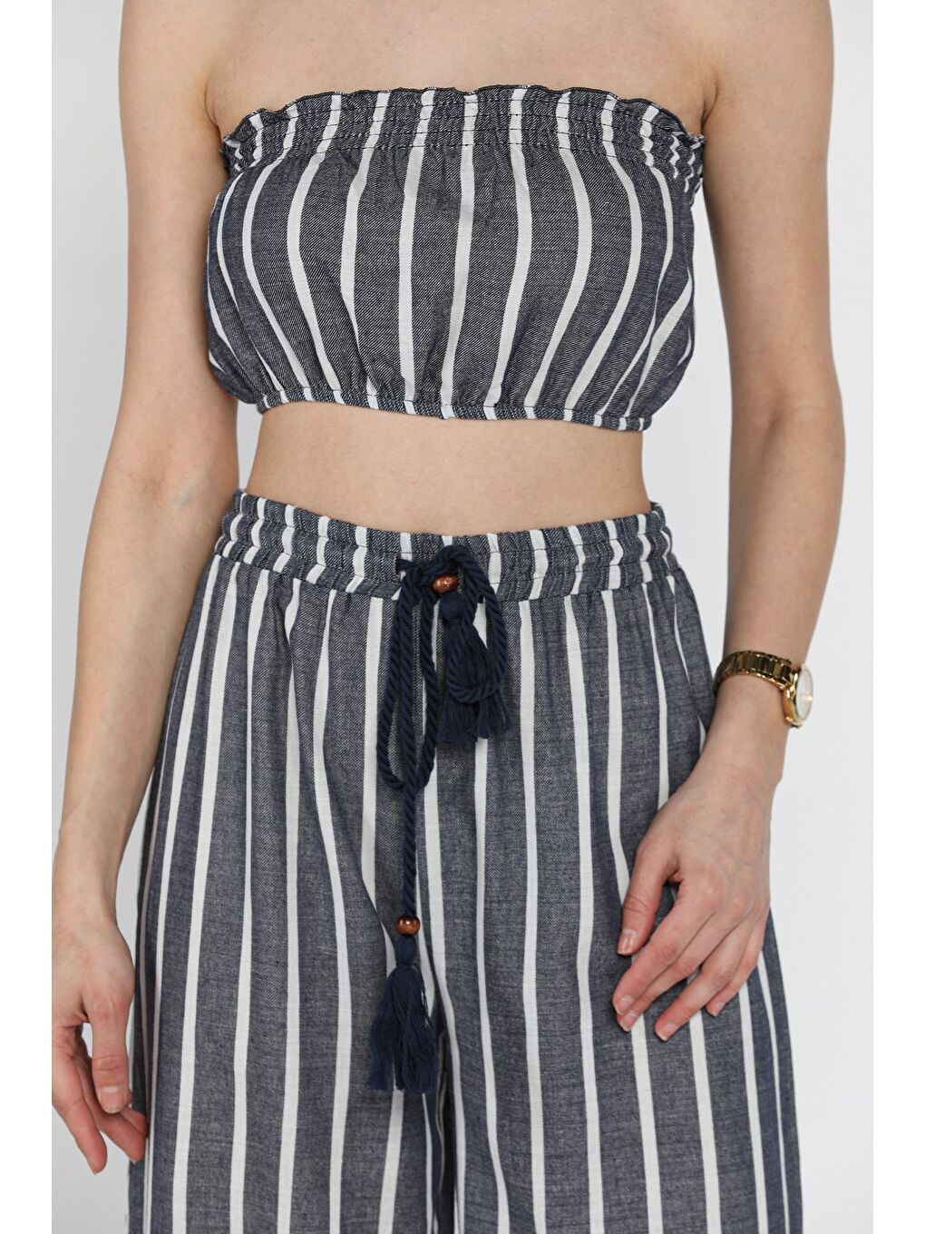 Lacivert Kadın Çizgi Desenli Straplez Crop Top Bluz Palazzo Pantolon İkili Takım-3